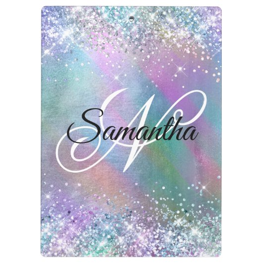 Glittery Iridescent Rainbow Foil Extravagant Monog Klemmbrett (Rückseite)
