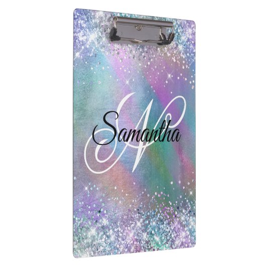 Glittery Iridescent Rainbow Foil Extravagant Monog Klemmbrett (Rechts)