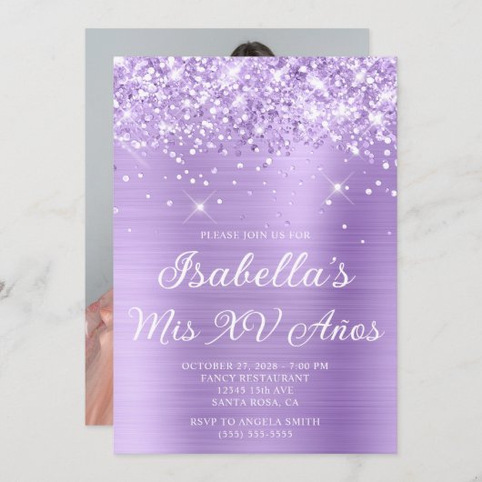 Glittery Lavender Foil Mis XV Años Foto Einladung (Vorne/Hinten)