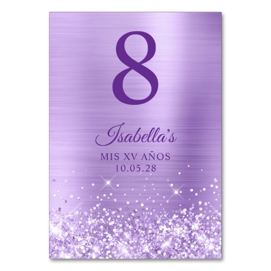 Glittery Lavender Foil Mis XV Años Tischnummer (Vorderseite)