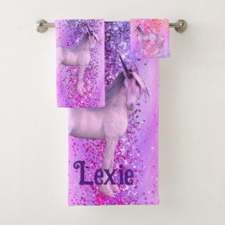 Glittery Lavender Pink Unicorn Personalisiert Badhandtuch Set