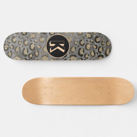 Glittery Leopard Print on Glossy Gray Monogram Skateboard (Horizontal)