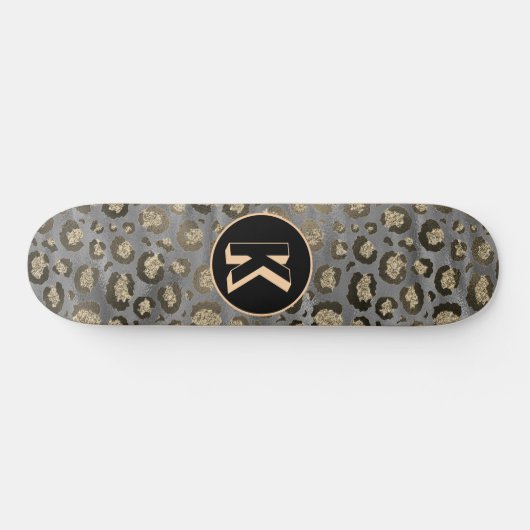 Glittery Leopard Print on Glossy Gray Monogram Skateboard (Horizontal)