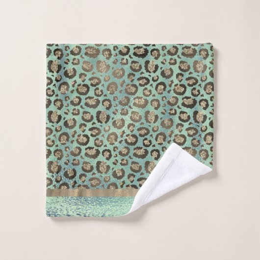 Glittery Leopard Print on Glossy Green Badhandtuch Set (Waschlappen)