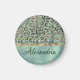 Glittery Leopard Print on Glossy Green Magnet