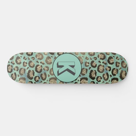 Glittery Leopard Print on Glossy Green Monogram Skateboard (Horizontal)