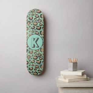 Glittery Leopard Print on Glossy Green Monogram Skateboard