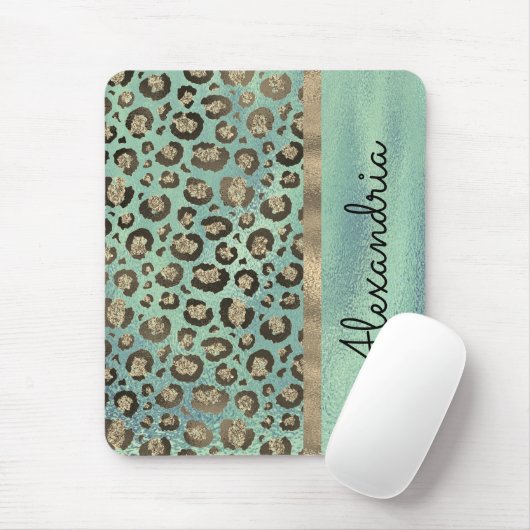 Glittery Leopard Print on Glossy Green Mousepad (Mit Mouse)