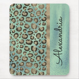 Glittery Leopard Print on Glossy Green Mousepad