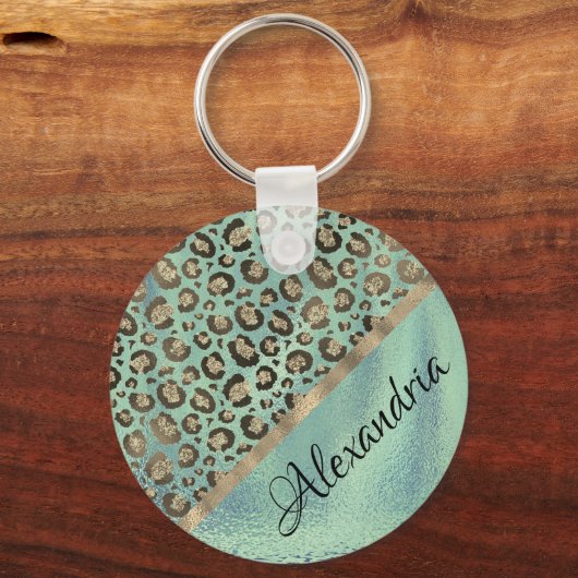 Glittery Leopard Print on Glossy Green Schlüsselanhänger (Vorderseite)