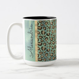 Glittery Leopard Print on Glossy Green Zweifarbige Tasse