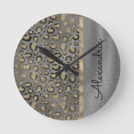 Glittery Leopard Print on Glossy Grey       Runde Wanduhr