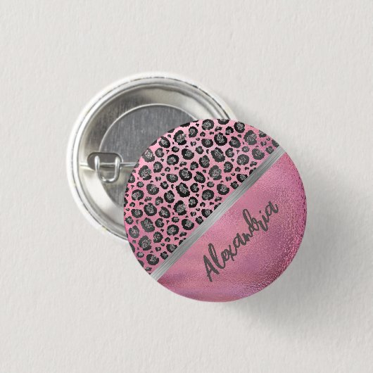 Glittery Leopard Print on Glossy Hot Pink Button (Vorne & Hinten)