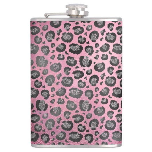 Glittery Leopard Print on Glossy Hot Pink Flachmann (Vorderseite)