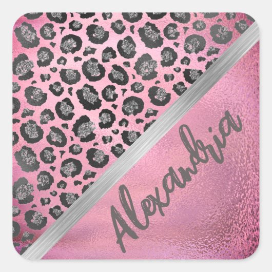 Glittery Leopard Print on Glossy Hot Pink Quadratischer Aufkleber (Vorderseite)