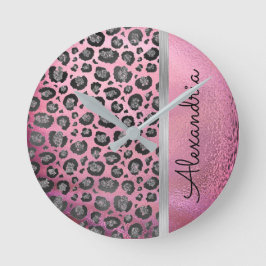 Glittery Leopard Print on Glossy Hot Pink  Runde Wanduhr