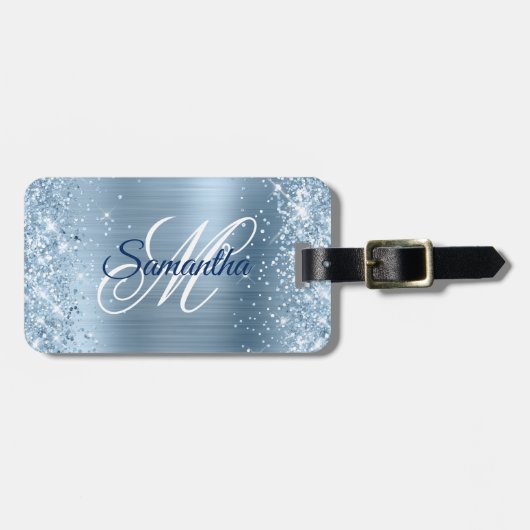 Glittery Light Blue Foil Extravagant Monogram Gepäckanhänger (Vorderseite horizontal)