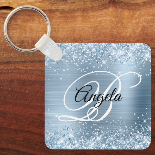 Glittery Light Blue Foil Extravagant Monogram Schlüsselanhänger (Vorderseite)