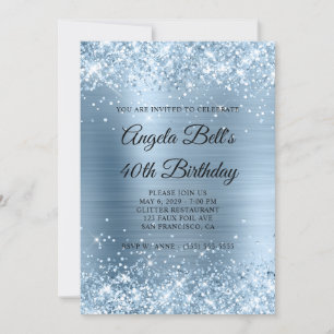 Glittery Light Blue Foil Monogram 40. Geburtstag Einladung