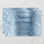 Glittery Light Blue Foil Monogram 40. Geburtstag Einladung (Vorne/Hinten)