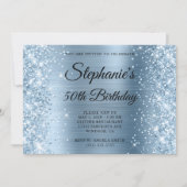 Glittery Light Blue Foil Monogram 50. Geburtstag Einladung (Vorderseite)