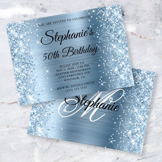 Glittery Light Blue Foil Monogram 50. Geburtstag Einladung