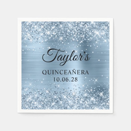 Glittery Light Blue Foil Quinceañera Serviette (Vorderseite)