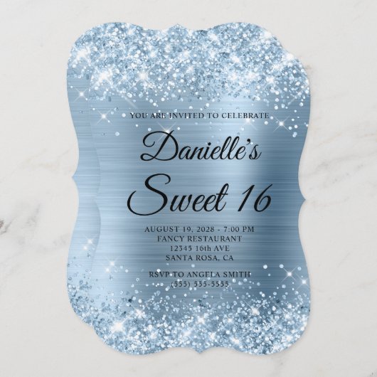 Glittery Light Blue Foil Sweet 16 Einladung (Vorne/Hinten)