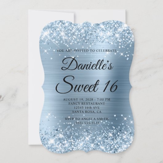 Glittery Light Blue Foil Sweet 16 Einladung (Vorderseite)