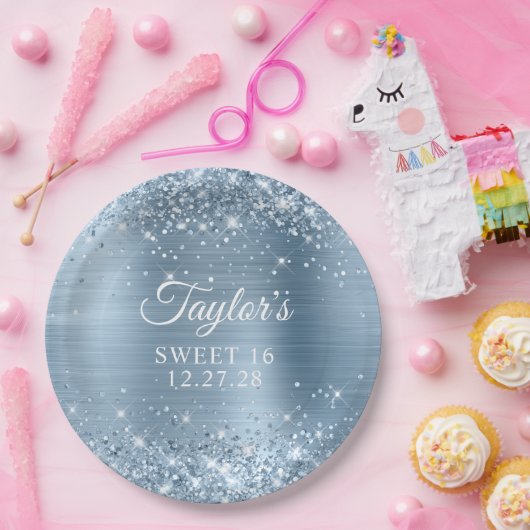 Glittery Light Blue Foil Sweet 16 Pappteller (Party)