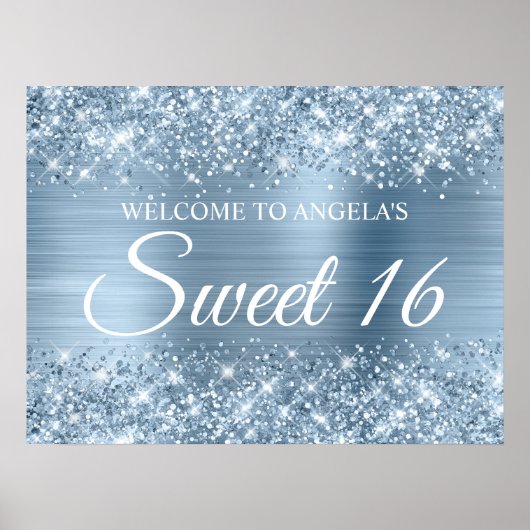 Glittery Light Blue Foil Sweet 16 Willkommen Poster (Vorne)