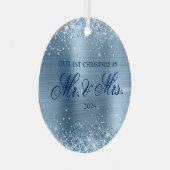 Glittery Light Blue Foil Unser 1. Weihnachtsfest F Ornament Aus Metall (Vorderseite Rechts)