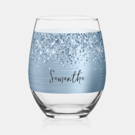 Glittery Light Blue Glam Name Weinglas Ohne Stiel