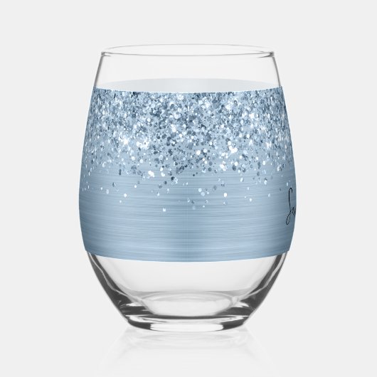 Glittery Light Blue Glam Name Weinglas Ohne Stiel (Rechts)