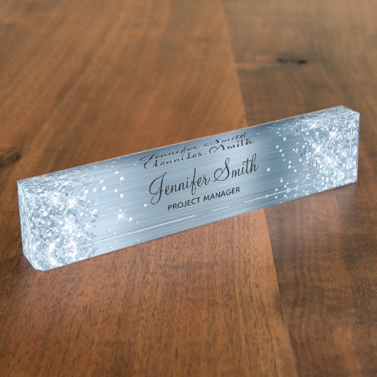 Glittery Light Blue Imitats Foil Namensplakette (Seite)