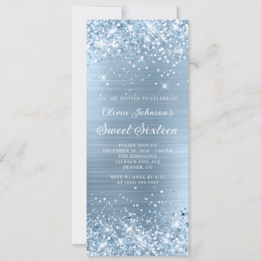 Glittery Light Blue Metallic Look Sweet 16 Einladung (Vorderseite)