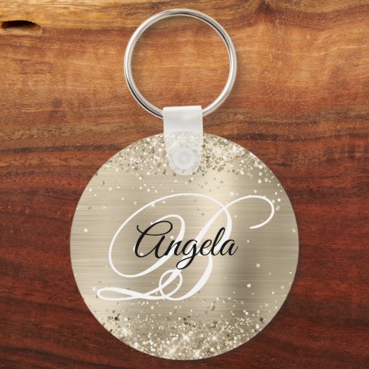 Glittery Light Gold Foil Extravagant Monogram Schlüsselanhänger (Vorderseite)