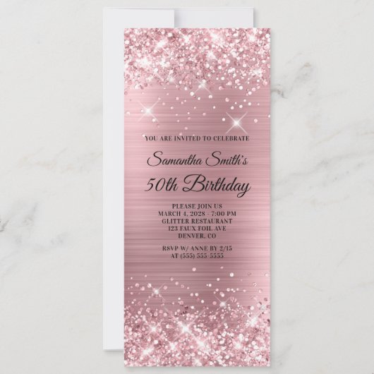 Glittery Light Pink Foil 50. Geburtstag Einladung (Vorderseite)
