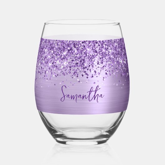 Glittery Light Purple Glam Name Weinglas Ohne Stiel (Vorderseite)