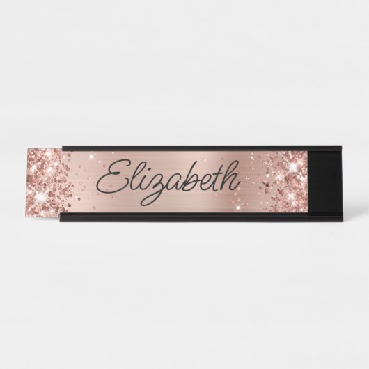 Glittery Light Rose Gold Fossilien Monoline Script Schreibtischnamensplakette (Vorderseite )