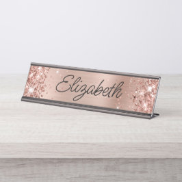Glittery Light Rose Gold Fossilien Monoline Script Schreibtischnamensplakette