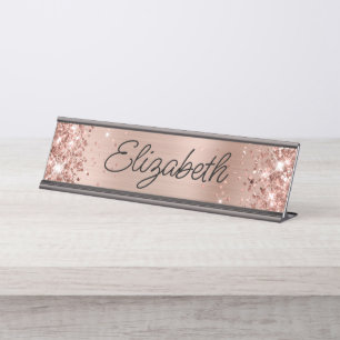Glittery Light Rose Gold Fossilien Monoline Script Schreibtischnamensplakette