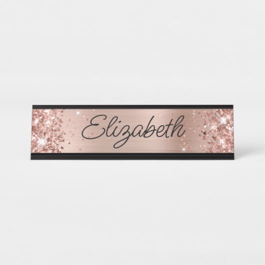 Glittery Light Rose Gold Fossilien Monoline Script Schreibtischnamensplakette (Vorderseite )