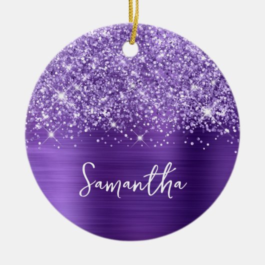 Glittery Lila Amethyst Glam Name Foto Keramik Ornament (Vorne)
