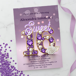 Glittery Lila Gemstone & Pearl Sweet 16 Geburtstag Einladung