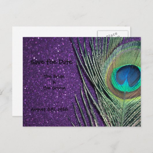 Glittery Lila Peacock Save the Date Postkarte (Vorne/Hinten)