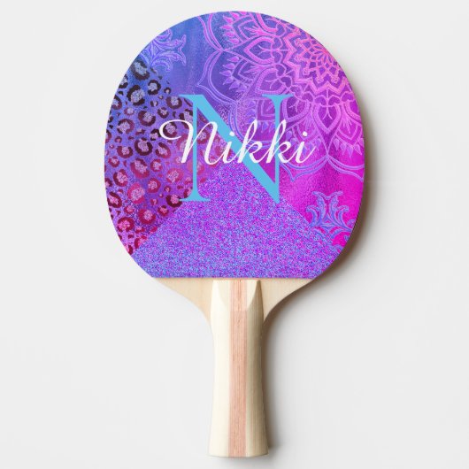 Glittery Lotus Leopard Monogram Pong Paddle Tischtennis Schläger (Vorderseite)