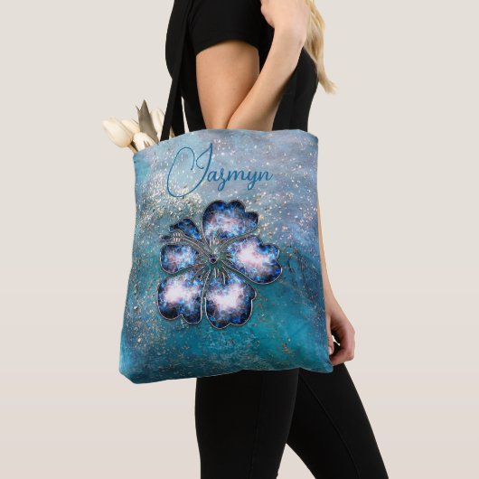 Glittery Magical Blue Hibiskus Personalisiert Tasche (Von Nahem)