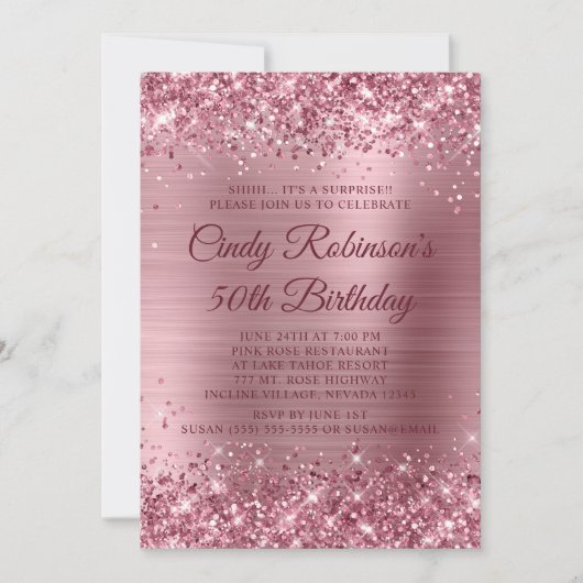 Glittery Medium Pink Foil Überraschung 50. Geburts Einladung (Vorderseite)