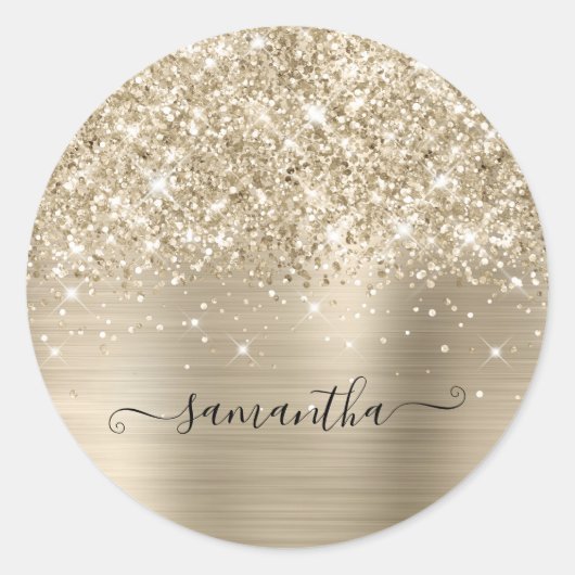 Glittery Pale Gold Girly Signature Calligraphy Runder Aufkleber (Vorderseite)